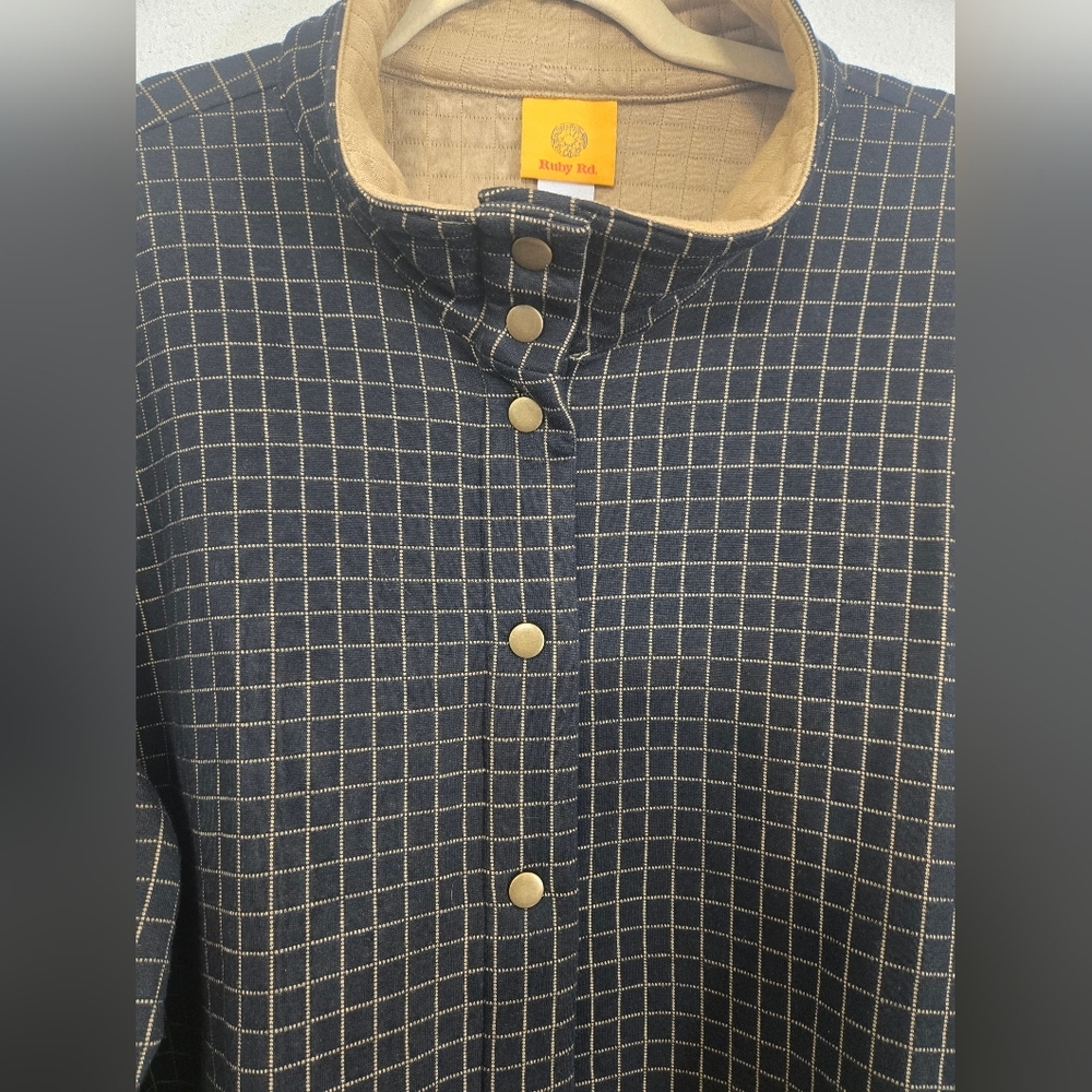 Ruby Rd. Black/Tan Checkered Windowpane Design Snap Button Closure Jacket, XL - Picture 2 of 5